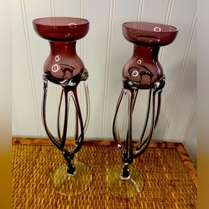 Krosno Jozefina Jellyfish Octopus Art Glass Set of Candle Holders Purple Clear